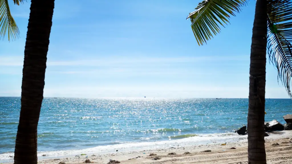 Bang Saen Beach met palmbomen in Chon Buri
