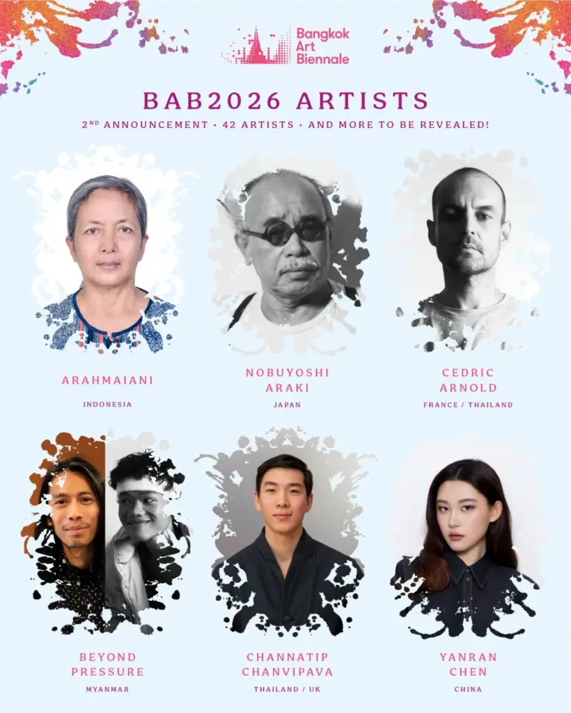 Six portraits d'artistes de la Bangkok Art Biennale 2026, dont Arahmaiani, Nobuyoshi Araki et Cedric Arnold.