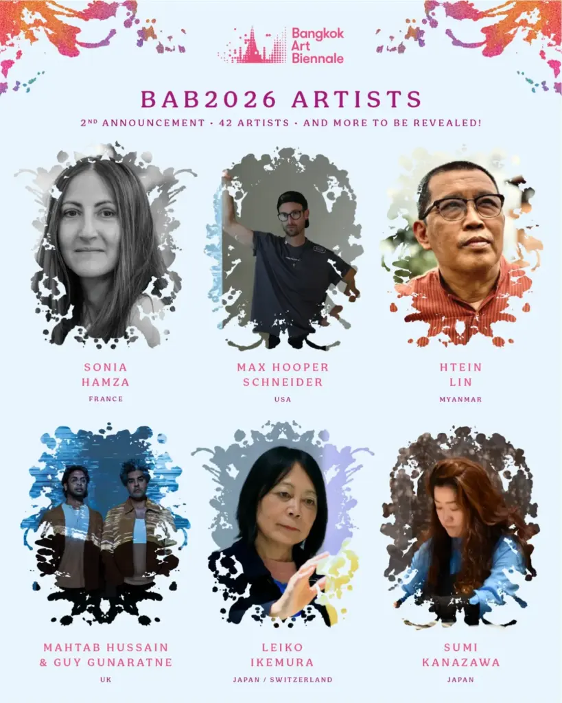 Six portraits d'artistes participant à la Bangkok Art Biennale 2026, dont Sonia Hamza, Leiko Ikemura et Sumi Kanazawa.