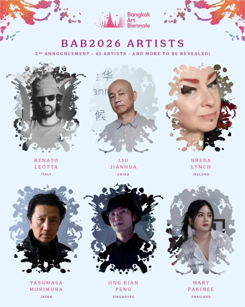 Six portraits d'artistes de la Biennale, dont Renato Leotta, Liu Jianhua, Breda Lynch et Mary Pakinee.