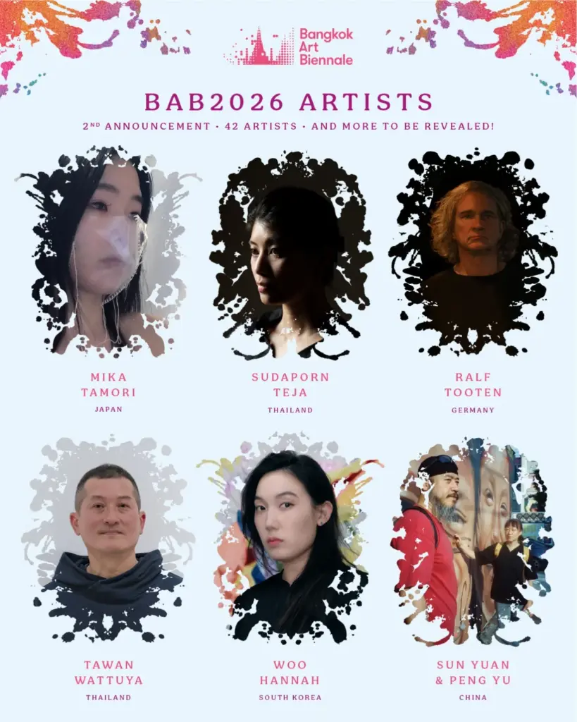 Six portraits d'artistes de différents pays, dont Mika Tamori, Sudaporn Teja et Ralf Tooten.