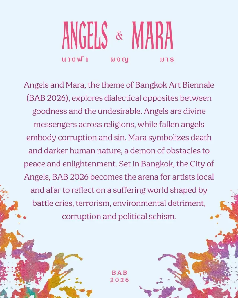 Affiche bleu clair expliquant le thème Angels & Mara de la Bangkok Art Biennale 2026, qui explore les oppositions entre bonté, tentation et conflits humains.
