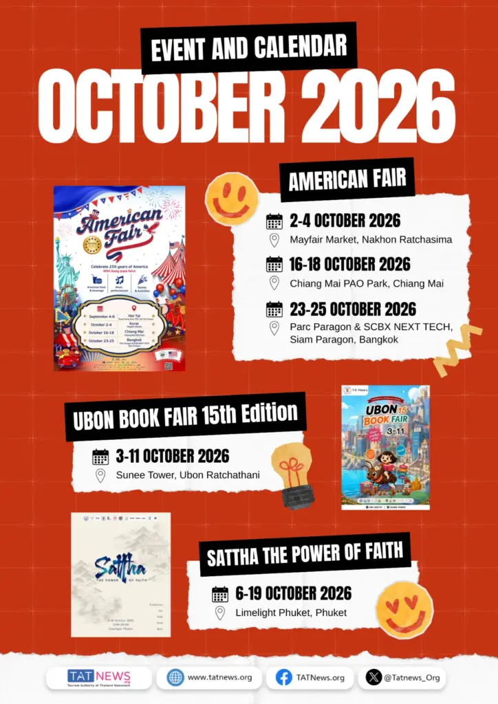 Evenementenposter voor oktober 2026 met American Fair in drie Thaise steden, Ubon Book Fair in Ubon Ratchathani en Sattha in Phuket.