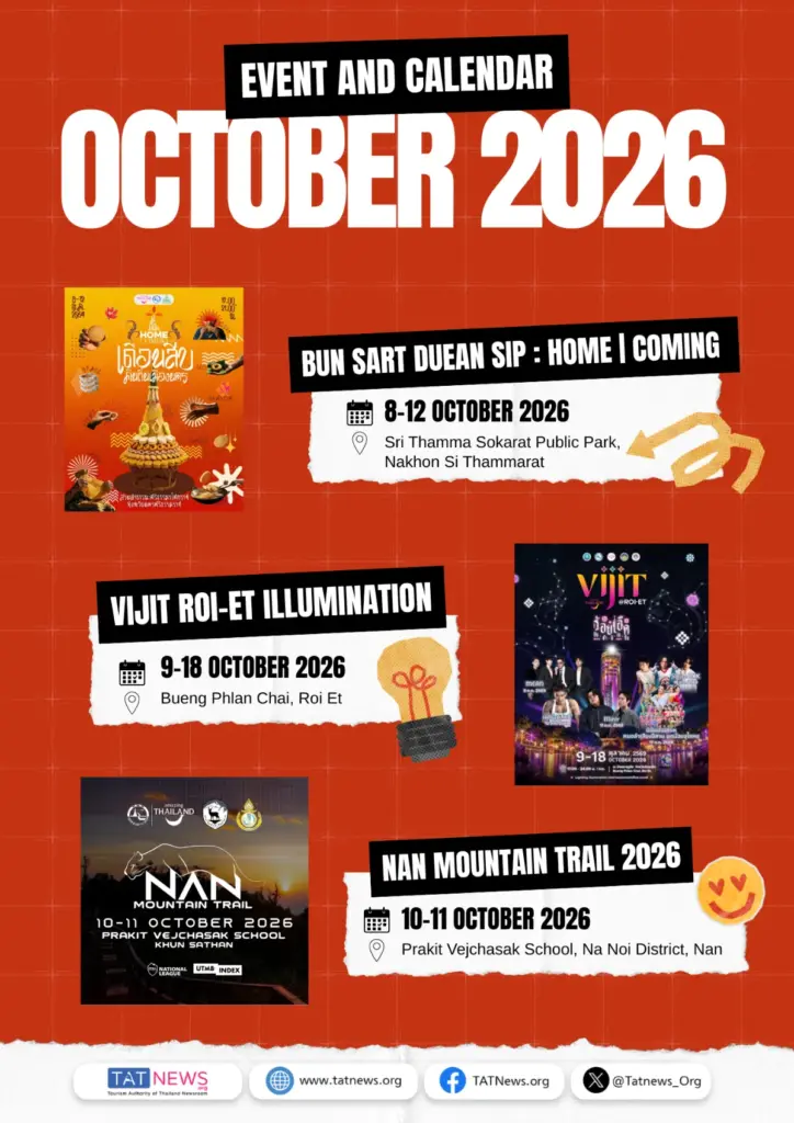 Oktoberagenda 2026 met Bun Sart Duean Sip in Nakhon Si Thammarat, Vijit Roi-Et Illumination in Roi Et en Nan Mountain Trail in Nan.