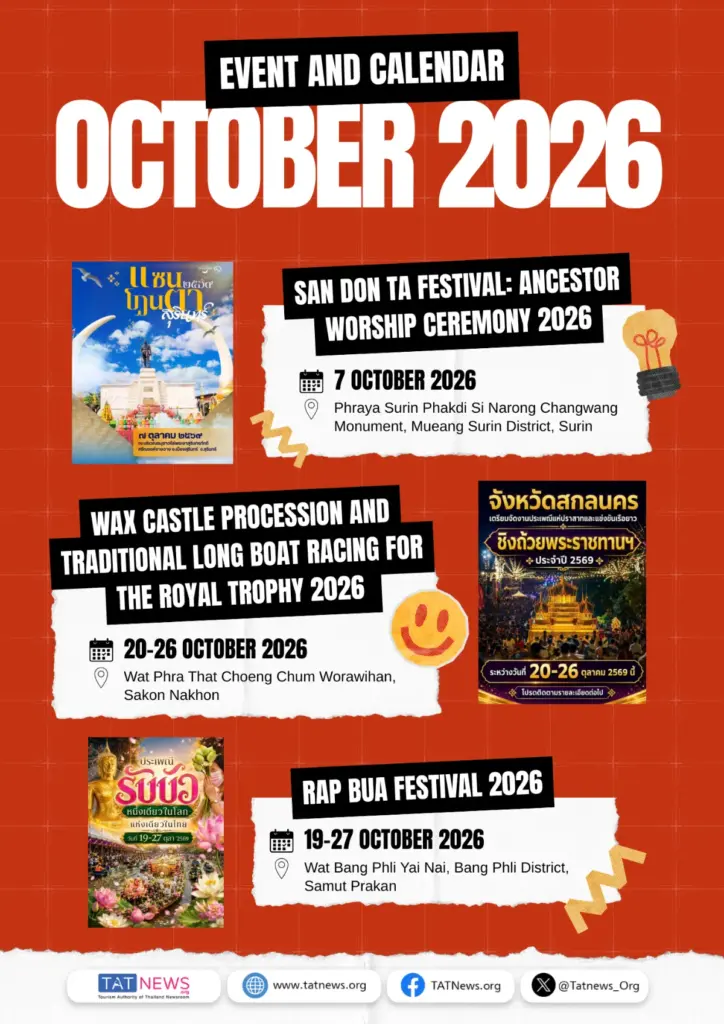 Evenementenposter voor oktober 2026 met San Don Ta in Surin, de waskastelenoptocht en langebotenraces in Sakon Nakhon en Rap Bua in Samut Prakan.