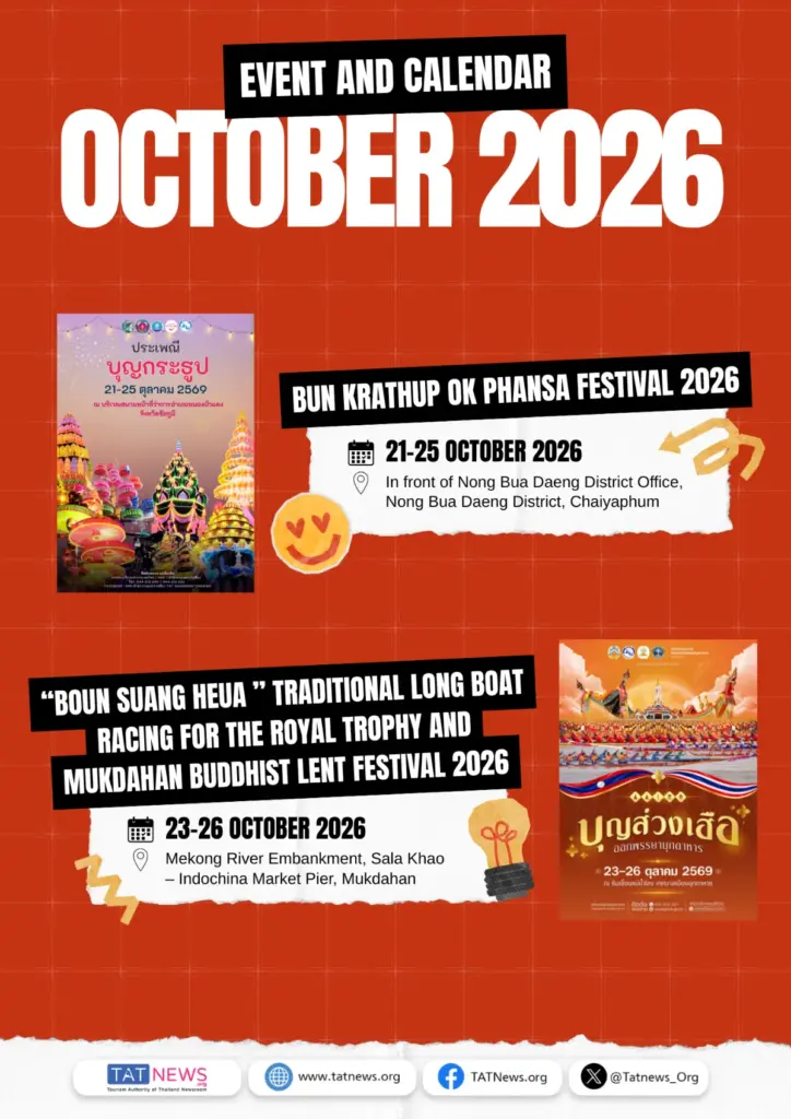 Oktoberagenda 2026 met het Bun Krathup Ok Phansa-festival in Chaiyaphum en de langebotenraces en boeddhistische festiviteiten in Mukdahan.