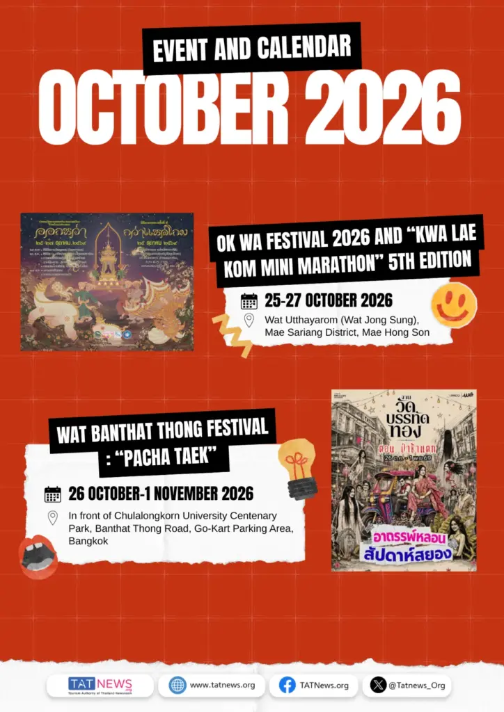 Evenementenposter met Ok Wa in Mae Sariang van 25 tot 27 oktober en Pacha Taek in Bangkok van 26 oktober tot 1 november 2026.